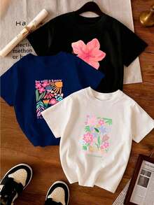 T-Shirts. Single Garment, Not A 3-Piece Set. 1 Piece/Set Of Short-Sleeved T-Shirts Suitable For Streetwear. Oversized Round Neck Top For Daily Outings, Camping, Concerts, Hip-Hop, Rock, And Rap Events. Women's Basic Round Neck And Short Sleeve T-Shirt, 100% Cotton With Colorful Floral Print. - 黑色 - 查看 9