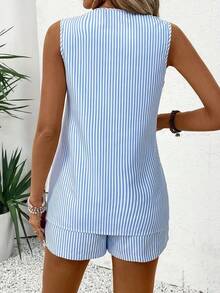 Conjunto de Dos Piezas de Shorts de Verano, Estilo Informal, a Rayas, de Sarga, para Viajes, Uso Diario - Azul cielo - Ver 3