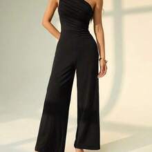 PETITE Asymmetric Neckline Sleeveless Solid Color Romper, Elegant Summer Design - Negro - Ver 5