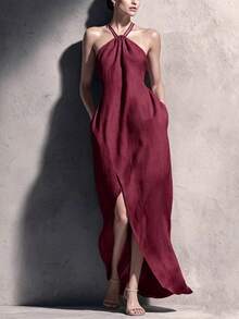 Nuevo vestido largo sin mangas para mujeres en primavera y verano - Burdeos - Ver 3