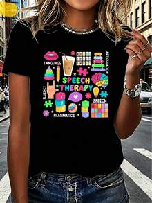 Women's Casual Sports T-Shirt, With Language Learning Pattern Design For Speech Therapy, 100% Cotton, Comfortable Fit, With Colorful Icons At The Bottom, Suitable For Therapists. - 白色 - 查看 6