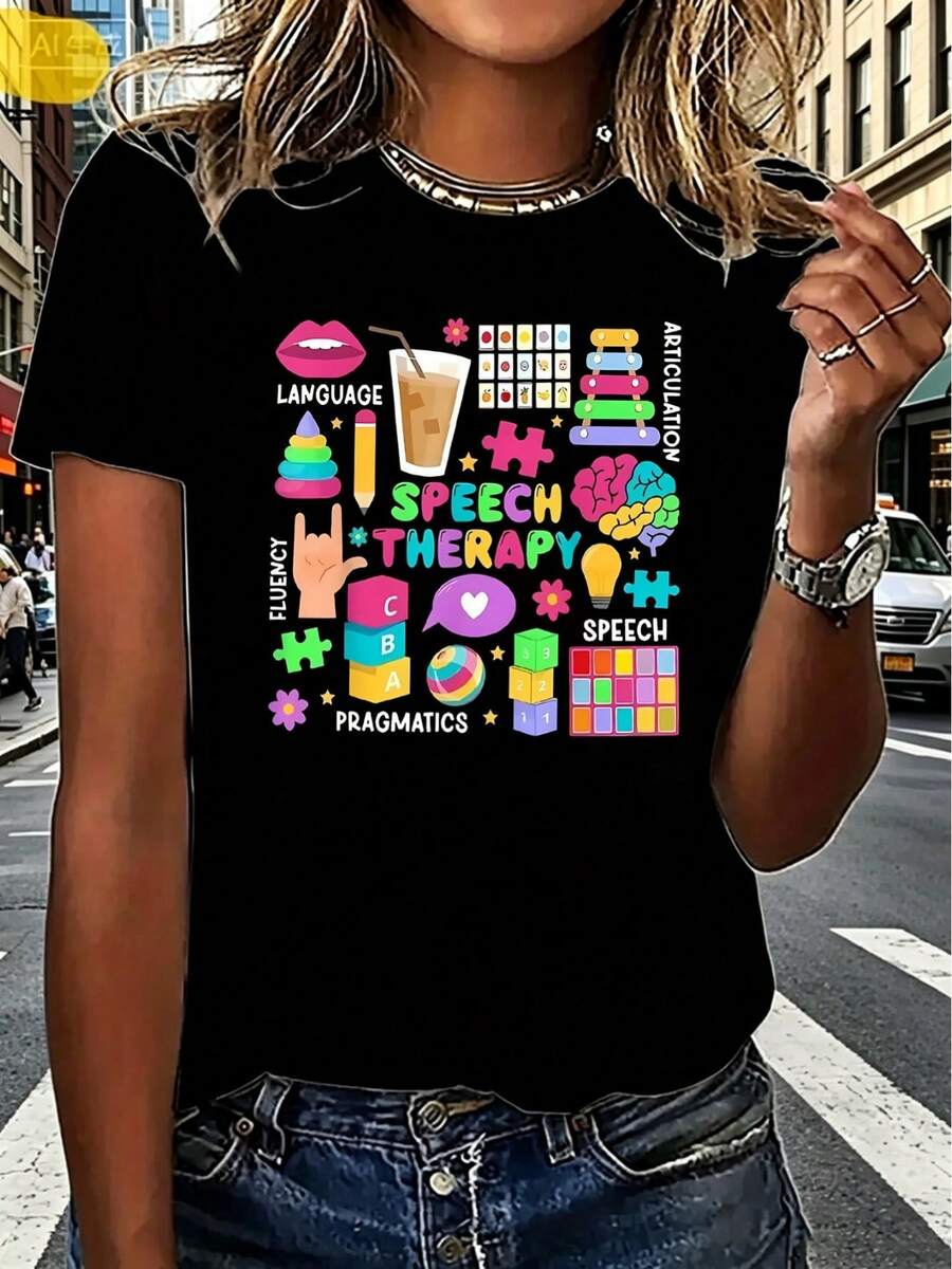 Women's Casual Sports T-Shirt, With Language Learning Pattern Design For Speech Therapy, 100% Cotton, Comfortable Fit, With Colorful Icons At The Bottom, Suitable For Therapists. - 黑色 - 查看 1