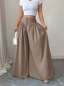 Nuevos pantalones anchos de mujer de estilo casual y elegante con diseño de hebilla floral, color caqui de lino, pantalones largos adecuados para el Día de Acción de Gracias, Halloween, primavera/verano - Marrón Mocha - Ver 6