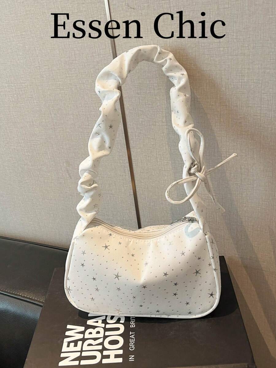 1个白色尼龙法棍包,饰有星星图案,褶皱肩挎/腋下包,女士款,春季新品 - 白色 - 查看 1