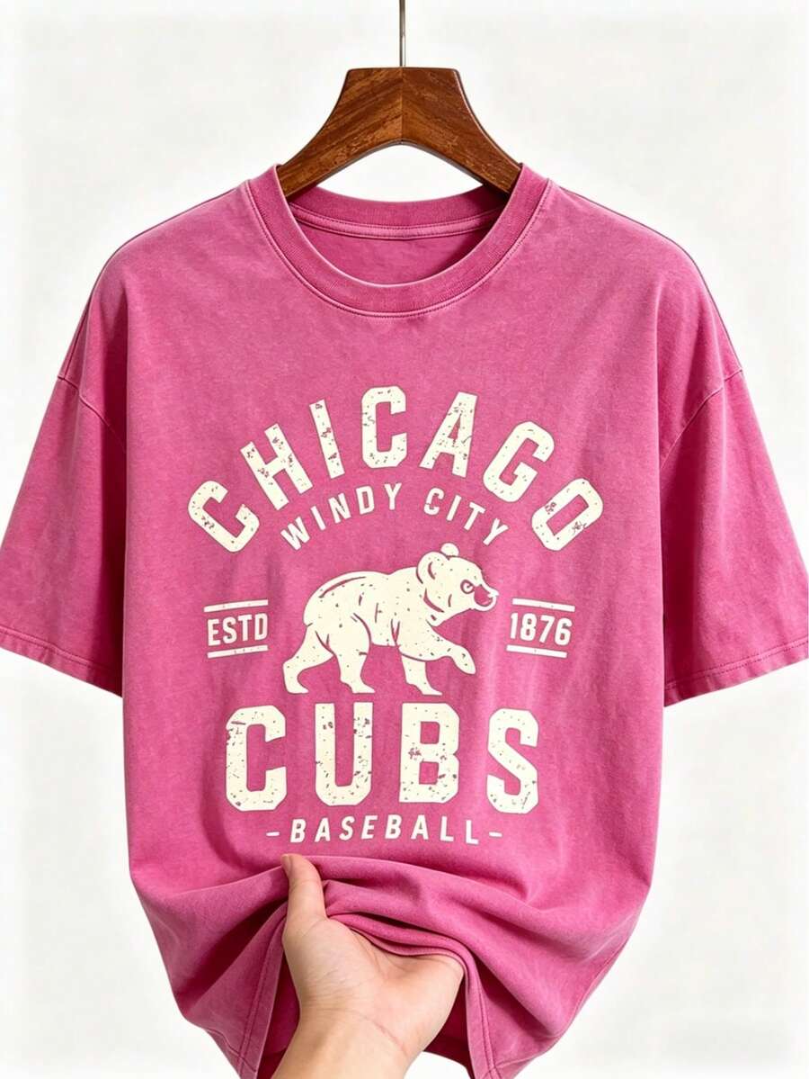 Vintage Washed Chicago Cubs Baseball Graphic Tee | Retro Windy City T-Shirt - 玫紅色10 - 查看 1