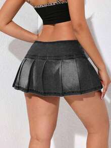 Falda mini de línea A de denim con detalles lavados y plisados de moda para mujer en verano - Gris Oscuro - Ver 2