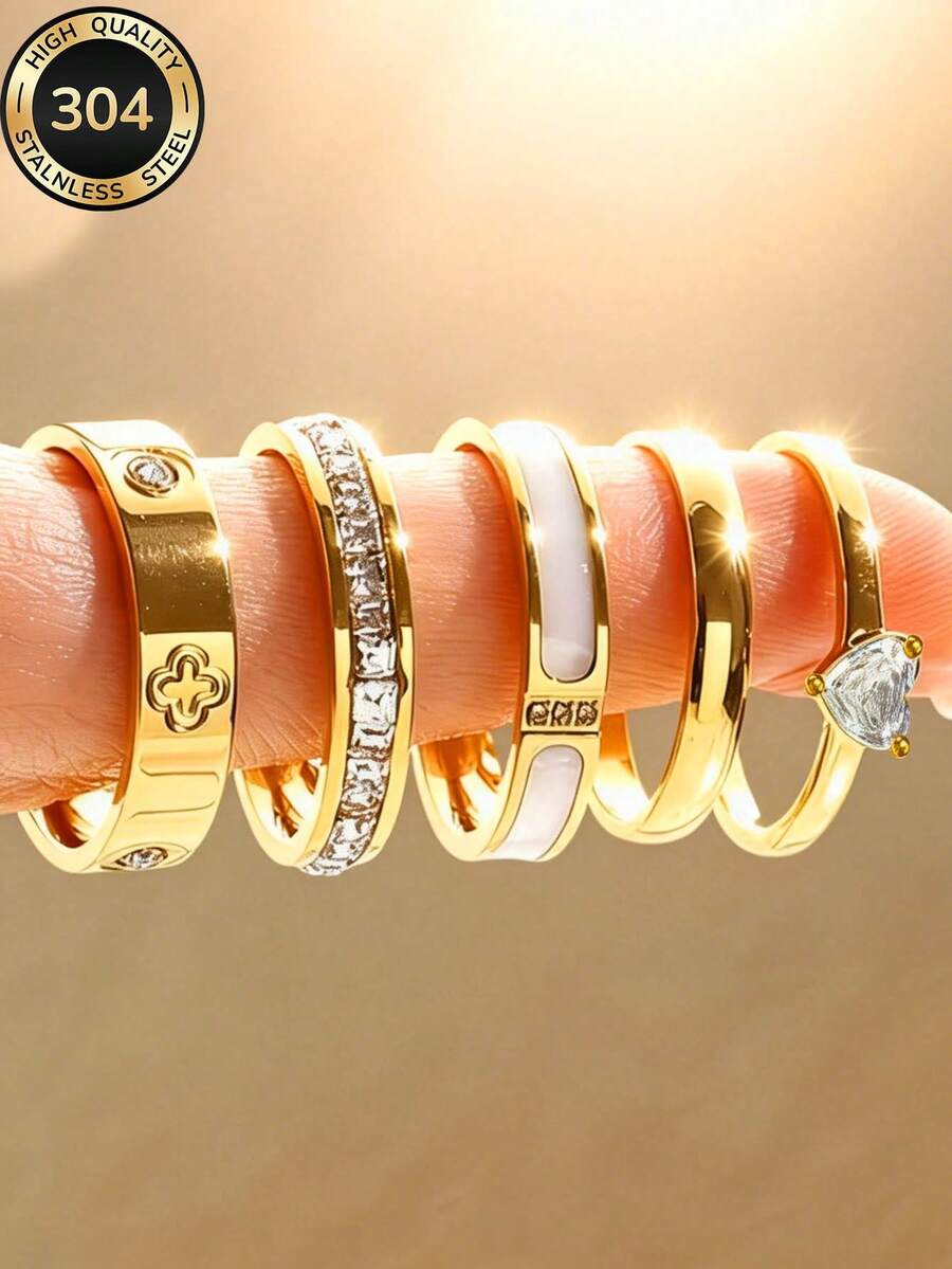 ZCNC Znice 18K Gold Plated 304 Stainless Steel Stackable Ring Set, 5pcs Clover, Pave Diamond, Enamel Heart Shaped Rings, Low Allergy Minimalist Jewelry, Perfect Mother's Day Gift, Summer Vacation Accessory
