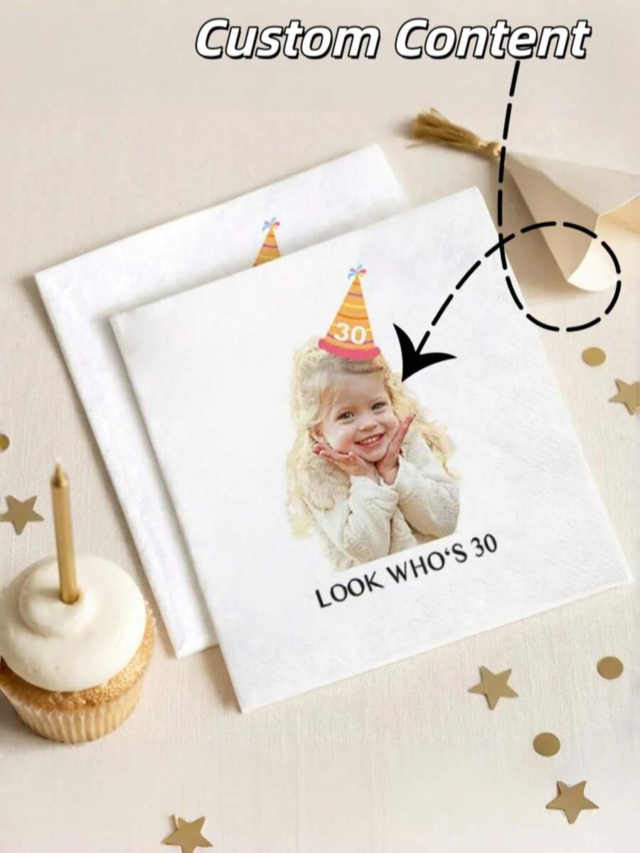 客製化照片生日餐巾紙，可加姓名與個人化臉孔，兒童派對餐巾紙，5歲生日慶祝禮物，返校季