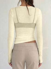 Y2K Style Elastic Sheer Long Sleeve Crew Neck Fitted T-Shirt Top - Beige - View 2