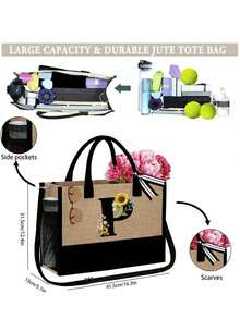 1套花卉圖案托特包附肩帶與側袋化妝包，個性化禮品袋，附圍巾沙灘包，極簡旅行收納包，旅行化妝包：戶外美妝完美之選！適合送給母親、老師、朋友的絕佳禮物，便攜休閒收納托特包，多功能購物袋，全新設計 - 彩色 - 查看 9