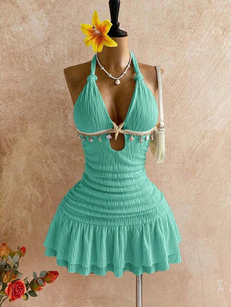 fsvsSoleia Vestido mini ajustado con cuello halter y detalle de retorcido en blanco, con accesorios metálicos, decoración de conchas, para playa y resort de vacaciones, atuendo de veranosdvs LAJH - verde menta - Ver 1