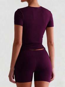 de manga corta y cuello redondo, blanca y sólida, ajustada y deportiva, para mujer, verano, modelo 2025 - rojo violáceo - Ver 2