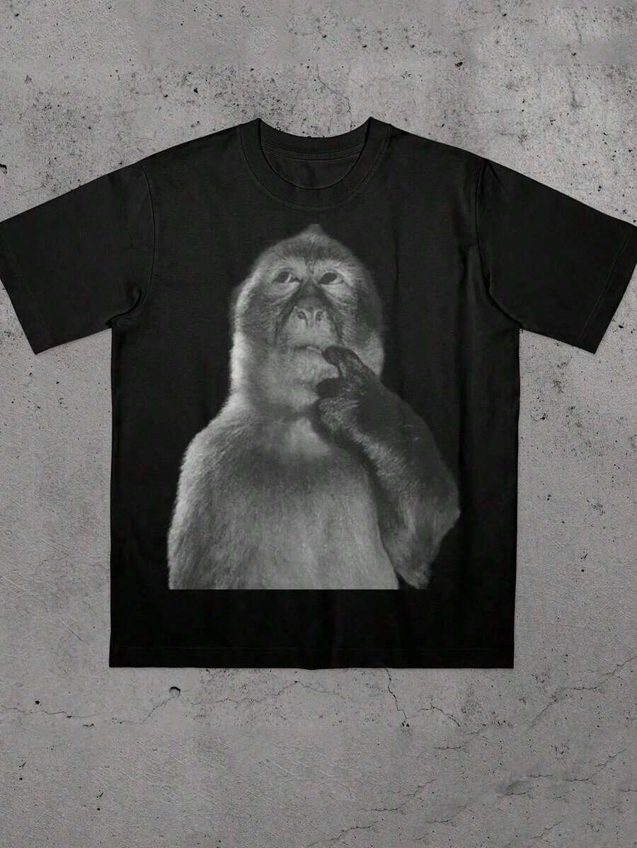 Camiseta de mujer de manga corta con cuello redondo y estampado de mono, versátil para ir al trabajo y salidas - Negro 3 - Ver 1