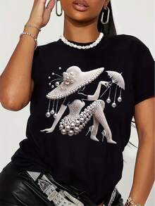 Camiseta de algodón de manga corta para mujer, elegante con estampado gráfico y perlas, cuello redondo, camiseta casual de manga corta para primavera y verano, ropa de mujer. - Negro - Ver 7