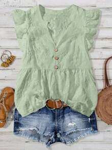 Camisa casual de jacquard con volantes en el bajo y mangas cortas, elegante para el verano y vacaciones - Verde - Ver 1