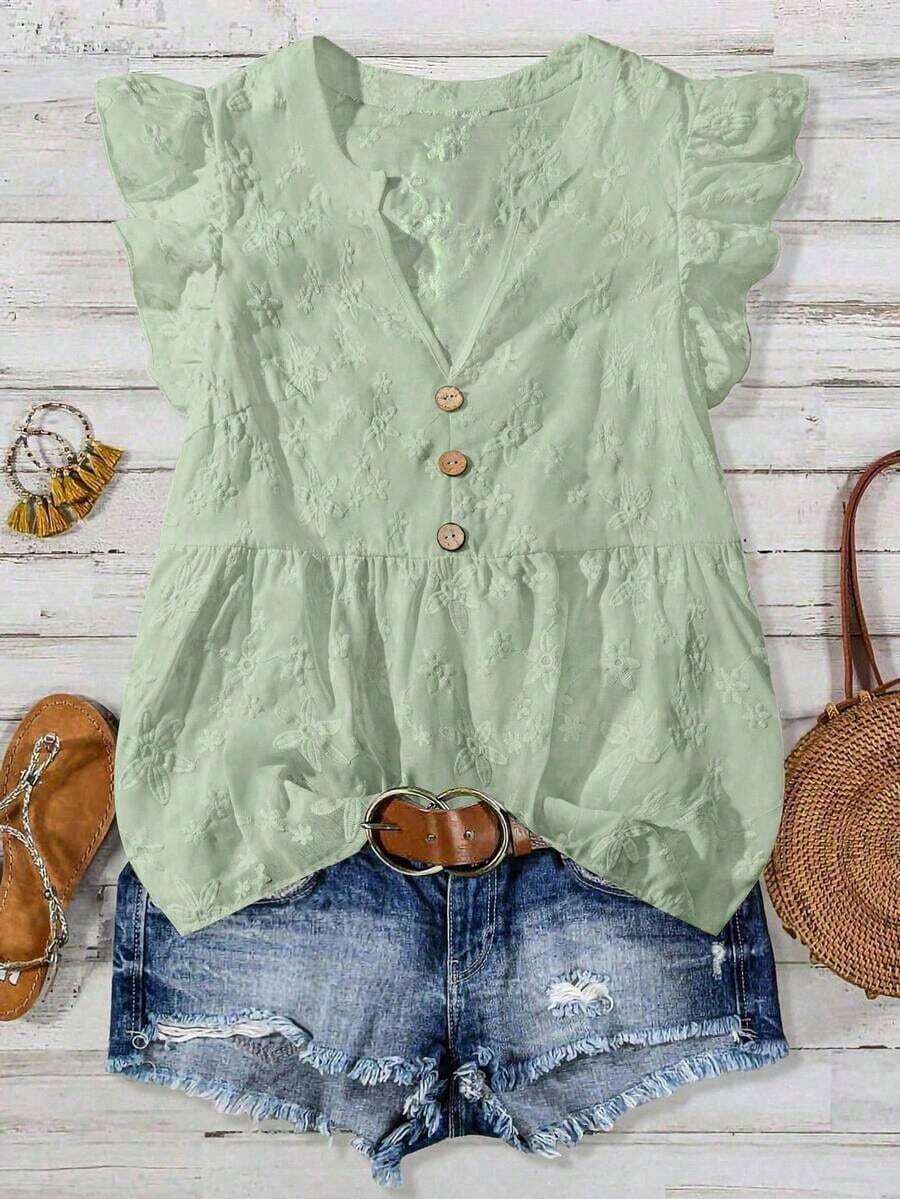 Camisa casual de jacquard con volantes en el bajo y mangas cortas, elegante para el verano y vacaciones - Verde - Ver 1
