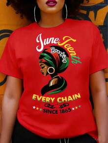 Women's Juneteenth Graphic T-Shirt - "Break Every Chain Since 1865" Design, Vibrant Geometric Print Short Sleeve Top, 100% Cotton Regular Fit For Spring Summer & Year-Round Wear - Ideal Juneteenth Gift For Friends & Family, Ladies T Shirts Loose Fit Washed Short Sleeve T-Shirt, Street Style, Unisex, For Spring/Summer/Autumn,Valentines Day Outfit,Summer Outfits - 紅色 - 查看 7