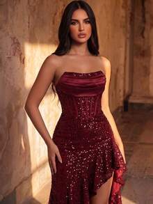 CHOSMO Elegant Romantic Sexy Heavy Embellished Sequin Patchwork Ruffle Hem Strapless Evening Dress Wedding Party Fall - Burgundy - View 1