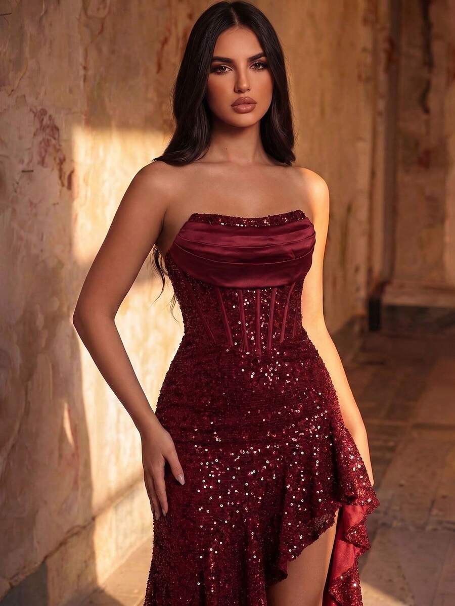 CHOSMO Elegant Romantic Sexy Heavy Embellished Sequin Patchwork Ruffle Hem Strapless Evening Dress Wedding Party Fall - Burgundy - View 1