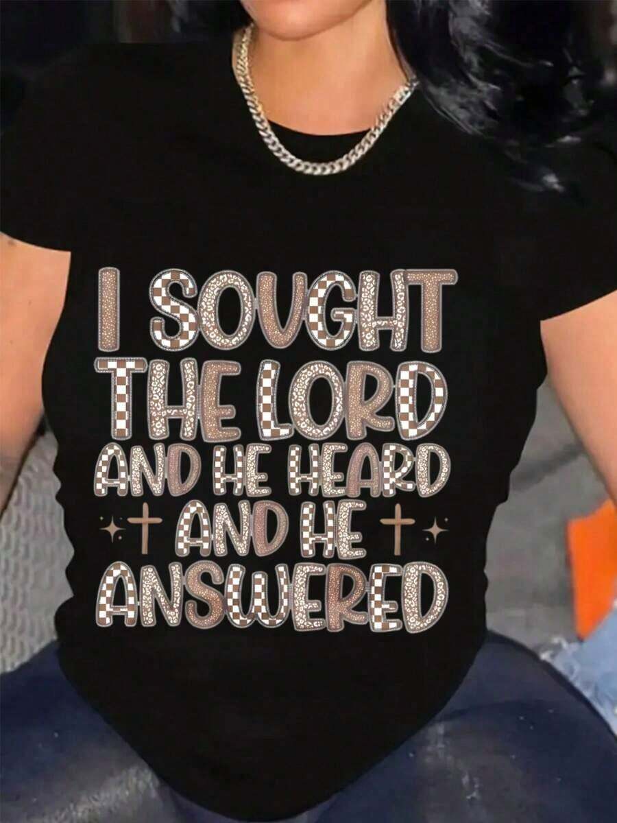 1 Piece Christian T-Shirt For Women With The Phrase "I Sought The Lord And He Heard Me And Answered Me", Inspired By Faith, With A Spiritual Message, Ideal For Church Or Daily Life, 220g/180g, 100% Cotton. - 黑色 - 查看 1