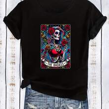 Camiseta deportiva de manga corta para mujer, cómoda y elegante, para deportes y la vida diaria, con estampado temático de Halloween. - Negro - Ver 1