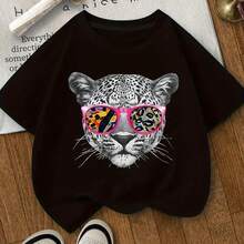 Women's Oversized Graphic T-Shirt With Leopard Head And Colorful Glasses - Casual And Stylish Mix Of Wild And Urban Style, Perfect For Spring And Summer, Ideal Gift For Birthdays And Celebrations, Everyday Comfort, Comfortable Graphic T-Shirt For Everyday Wear, Leopard Print T-Shirt - 黑色 - 查看 1