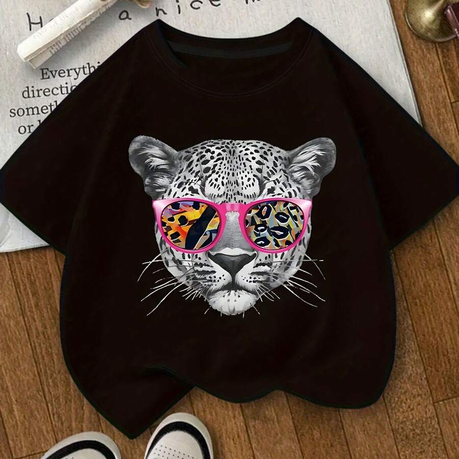 Women's Oversized Graphic T-Shirt With Leopard Head And Colorful Glasses - Casual And Stylish Mix Of Wild And Urban Style, Perfect For Spring And Summer, Ideal Gift For Birthdays And Celebrations, Everyday Comfort, Comfortable Graphic T-Shirt For Everyday Wear, Leopard Print T-Shirt - 黑色 - 查看 1