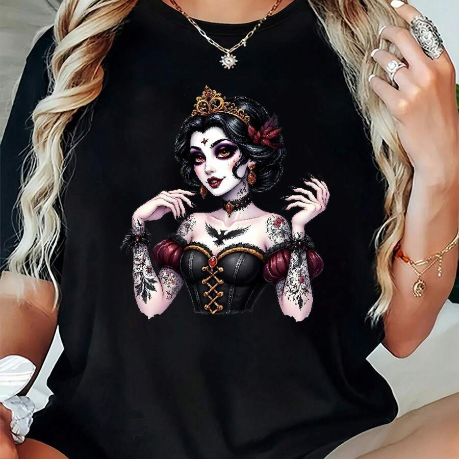 Talla Grande - Talla Grande - Top de Mujer Azul Marino de Manga Corta con Cuello Redondo en Estilo Gótico Tattoo, con Diseños Gráficos, Ideal para Primavera, Verano y Otoño - Ropa Moderna para el Diario en Tallas Grande - Negro - Ver 1