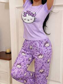 SANRIO 两件套 Hello Kitty 图案女士睡衣套装，柔软短袖上衣和长裤，可爱舒适的家居服 - 淡紫色 - 查看 4