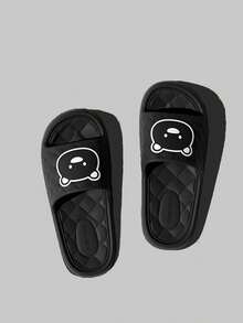 Men's Summer Solid Diamond Grid Pattern Paired With Cartoon Bear Print, Suitable For Home, Bathroom, Outdoor, Versatile, Cute Couple Casual Style Flip Flops - Black - View 4