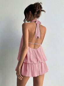 KIMW  Vestido casual de verano para mujer con cuello halter, unicolor y volantes en el bajo - Rosa - Ver 1
