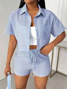 Conjunto de camisa casual de verano para mujer con rayas de manga corta y pantalones cortos con bolsillos - Azul y blanco - Ver 8