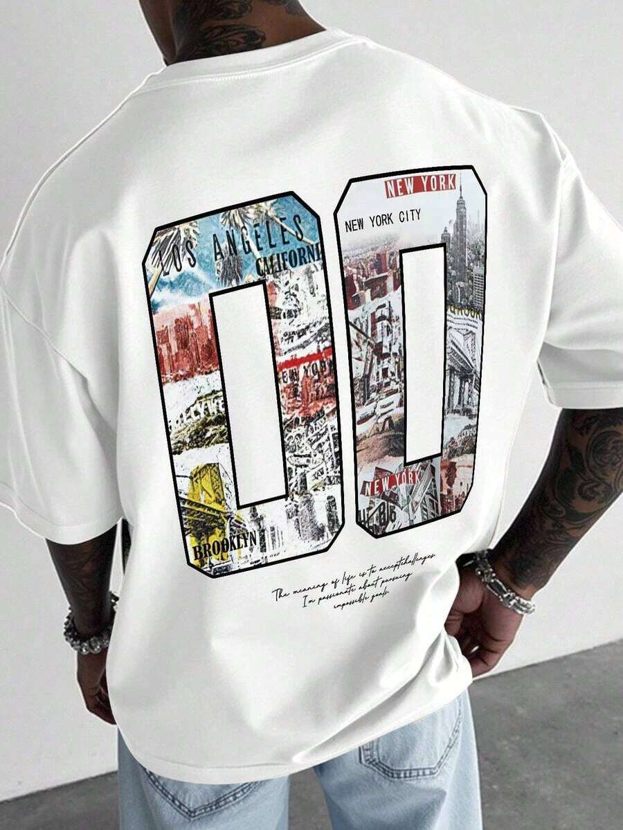 Minimalist. 100% Cotton. 1 Piece. Lornexis Retro Street LA City Men's Graphic Tee. Oversized Summer Tee. - White - View 1
