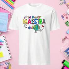 Playera para Maestra, La Mejor Maestra del Mundo". Dia de los maestros. Profesora. Señorita. Primaria Secundaria Camiseta de manga corta para niños - Blanco - Ver 2