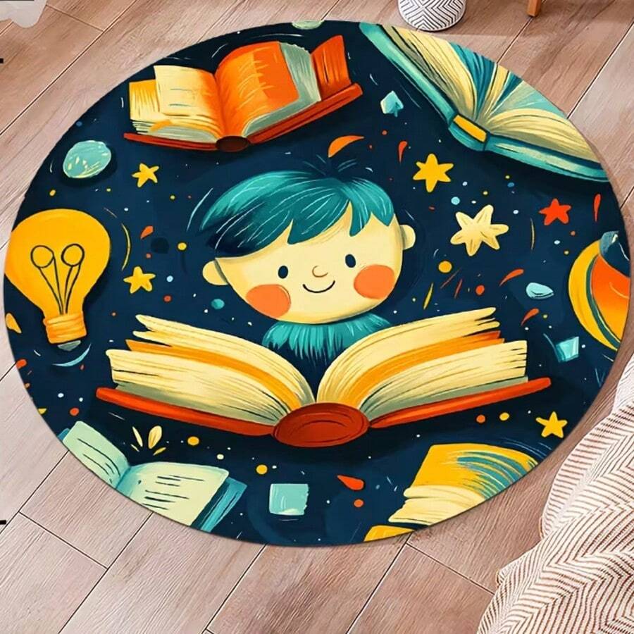 1pc Book Reading Pattern Round Plush Rug, Thickened Crystal Velvet Carpet, Thick Rug, Autumn/Winter Rug, Decorative Carpet, Bedroom Decor, Small Rug, Carpet, Home Decor, Living Room Rug, Small Living Room Rug, Bedroom Rug, Living Room Home Decor, Outdoor Rug, Washable Rug - Multicolor - View 1
