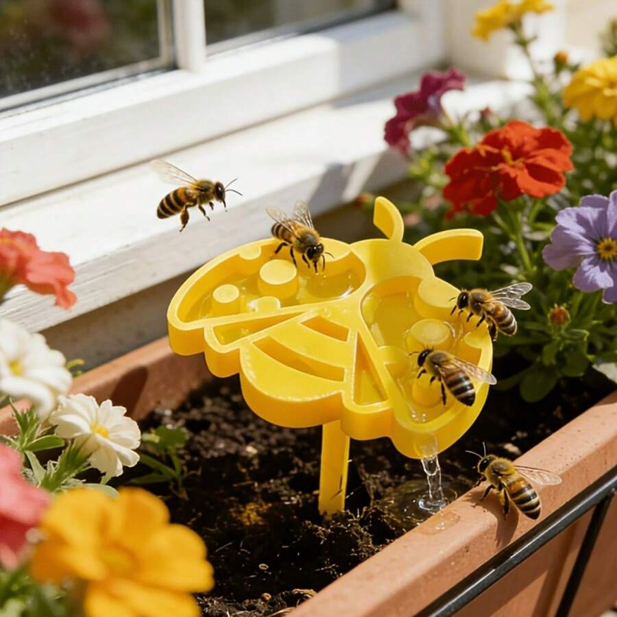 Bee Watering Station Garden Decor Ground Stake, Cute Creative Bee Shaped Garden Ground Stake, Can Hold Water For Outdoor Bee Drinking - Multicolor - View 1