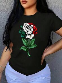 Camiseta de mujer talla grande con estampado de la bandera de México, de manga corta, cuello redondo, 100% poliéster, prenda casual de 220g - Negro - Ver 1