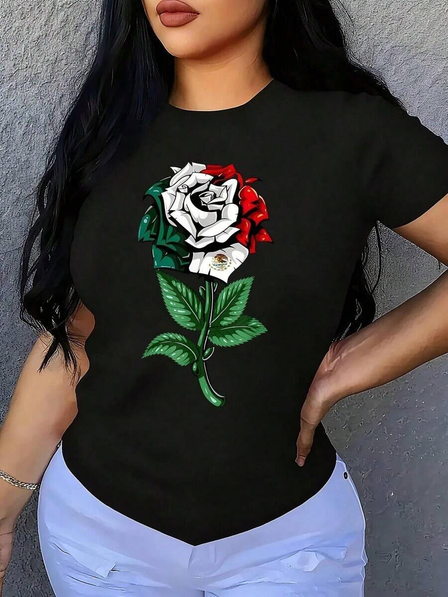 Camiseta de mujer talla grande con estampado de la bandera de México, de manga corta, cuello redondo, 100% poliéster, prenda casual de 220g - Negro - Ver 1