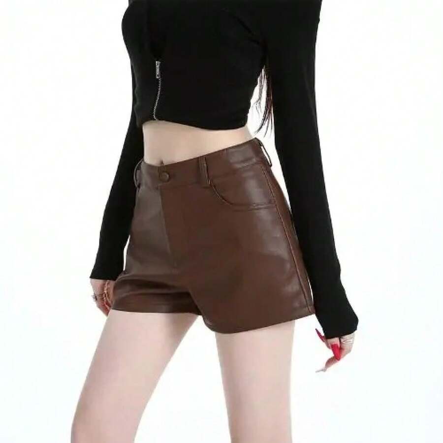 Pantalones Cortos de Cuero PU Marrón para Mujer, Corte Recto, Sexy, Novedad Invierno 2025, Estilo Puro Deseo, Ajustados, Tipo... - Color café - Ver 1