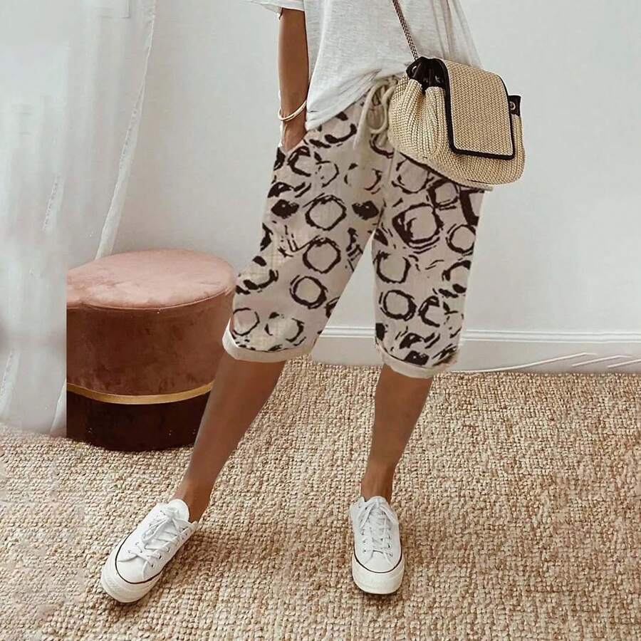 Pantalones cortos a rayas de contraste para mujer, pantalones hasta la rodilla con bolsillos, cintura elástica, cordón, transpirables, sueltos - Beis - Ver 1