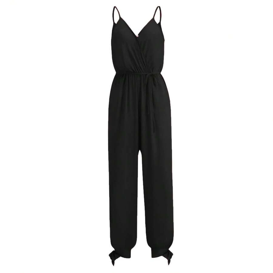 Primavera y verano, nuevo mono camisola para mujer, estampado transfronterizo, sexy, sin espalda, con cordones y cuello en V - Negro - Ver 1