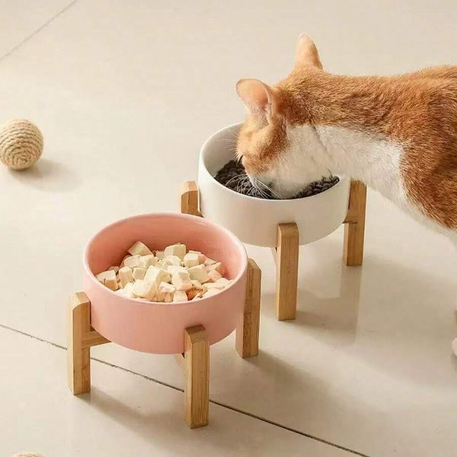 陶瓷猫碗带支架，加高狗碗，防滑猫粮碗配竹制支架，狗粮水套装，防呕吐，缓解压力，适合中型犬 - 400毫升 - 查看 1