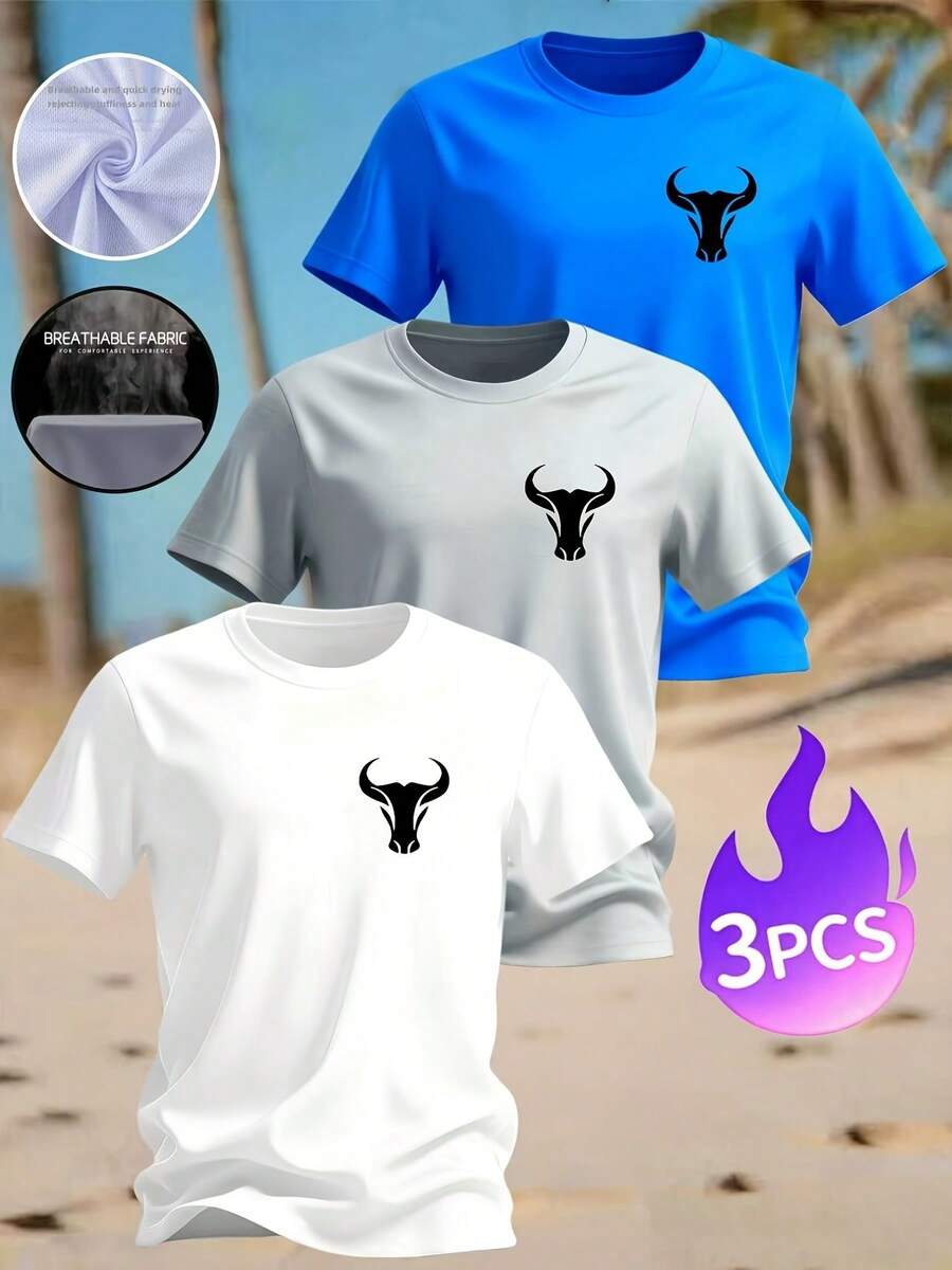 Single Garment, Not A 3-Piece Set; Set Of 1 Bull Head Design T-Shirt, Suitable For Urban Sports And Outdoor Running. Made Of Breathable, Quick-Drying, And Skin-Friendly Polyester, It Can Be Worn In All Seasons. - 白色 - View 1