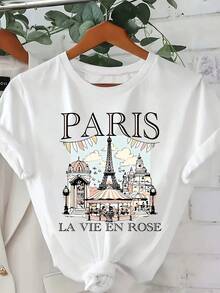 Camiseta Elegante para Mujer con Estampado de París - Top de Manga Corta y Cuello Redondo con Motivos Navideños Franceses, que presenta la Torre Eiffel y frases en francés, estilo casual de primavera/verano, lavable a máquina y adecuada para todas las estaciones. - Blanco - Ver 6