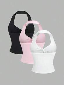 Top de tirantes anudada sexy y minimalista con cuello halter y plisados, versátil - Multicolor 2 - Ver 2