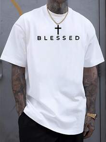 Camiseta Blanca Extra Grande para Hombre con Estampado 'BLESSED' y Cruz, Estilo Fe Cristiana| Camiseta casual de manga corta con cuello redondo y corte holgado, adecuada para todas las estaciones, ropa cómoda e informal para actividades religiosas y uso diario, transpirable y esencial para el verano y para usar en capas. - Blanco - Ver 1
