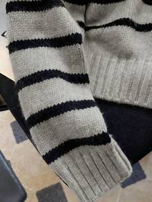 Nueva llegada Suéter de punto de manga larga con cuello de solapa y contraste de color a rayas para mujer - Gris - Ver 5