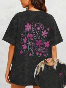 Fun Women's Clothing With  Cartoon Floral And Plant Prints, Street Style, Korean Style, Comfortable, Retro, Versatile For Work, Y2K Women's Clothing, Black Fitted Short-Sleeved Crew Neck T-Shirt, Niche Punk Style, Double-Sided Print, Comfortable Pure Cotton T-Shirt From The Washed Retro Series, Easily Creates Retro Casual Wear, Suitable For Daily Commutes, Casual Outings And Everyday Use, Classic Retro Style Women's Clothing. - 黑色 - 查看 5