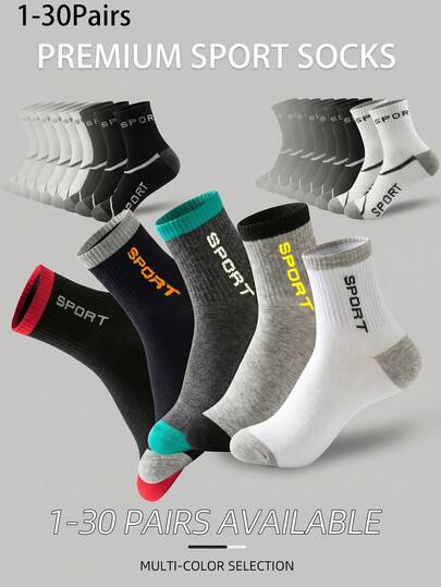 1-30 Pairs New Black, White, Gray Splicing Breathable Sweat-Absorbent Running Sports Socks, Color Blocking Casual Versatile Mid-Calf Socks, Letter Hosiery