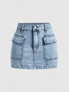 Minifalda de mezclilla cargo con bolsillo tipo flip de moda callejera casual de verano para mujeres - Azul - Ver 1